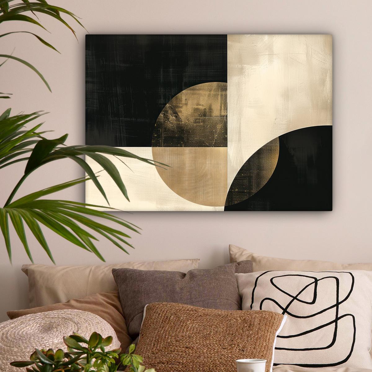 LEINWANDBILD Abstrakt - Geometrische Formen - Schwarz - Gold Wandbilder 80x60 cm - Ecru, Textil (80/60cm) - MuchoWow
