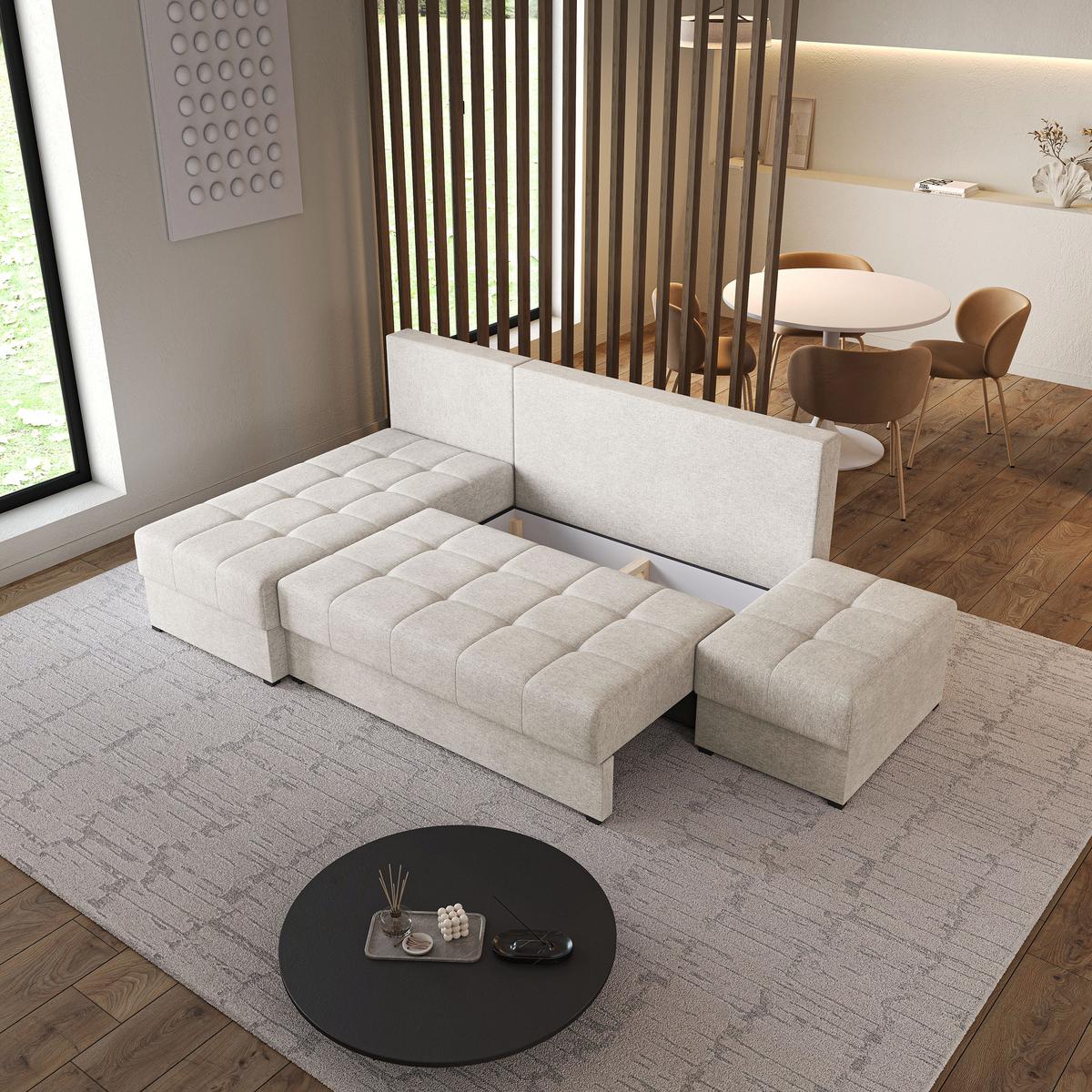 ECKSOFA NORVI Creme Geflochtener Stoff mit Schlaffunktion - Creme, Holz (251/143cm) - MASSENO