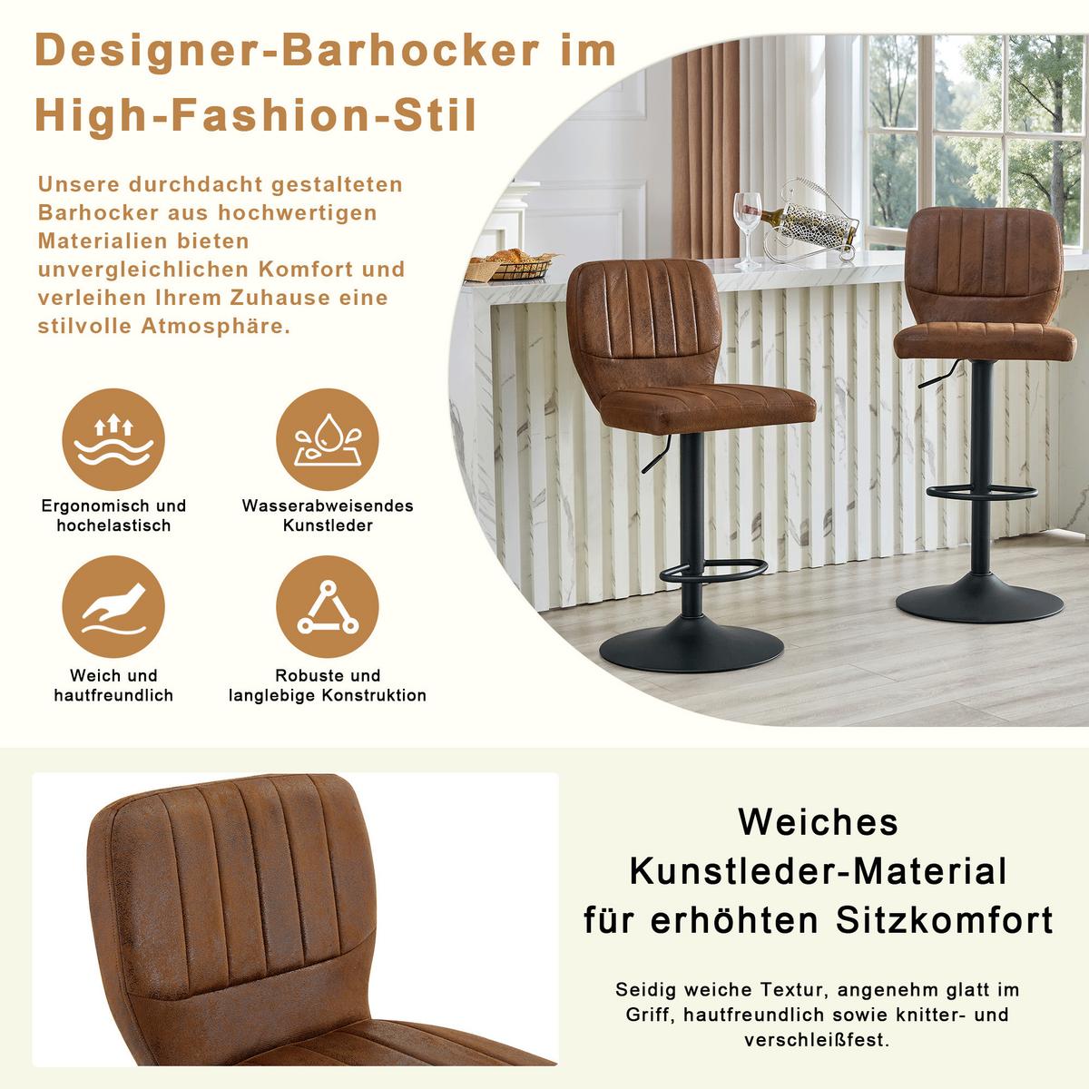 BARHOCKER 2ER-SET aus Vintage-Kunstleder in Braun, höhenverstellbar und 360° drehbar - Braun, Leder (52/62/45cm) - Urban Meuble