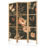 PARAVENT Japanischer 3-tlg 135x172 cm Retro Blumen Schmetterlinge - Multicolor, Holz/Textil (135/172/3cm) - Muralo