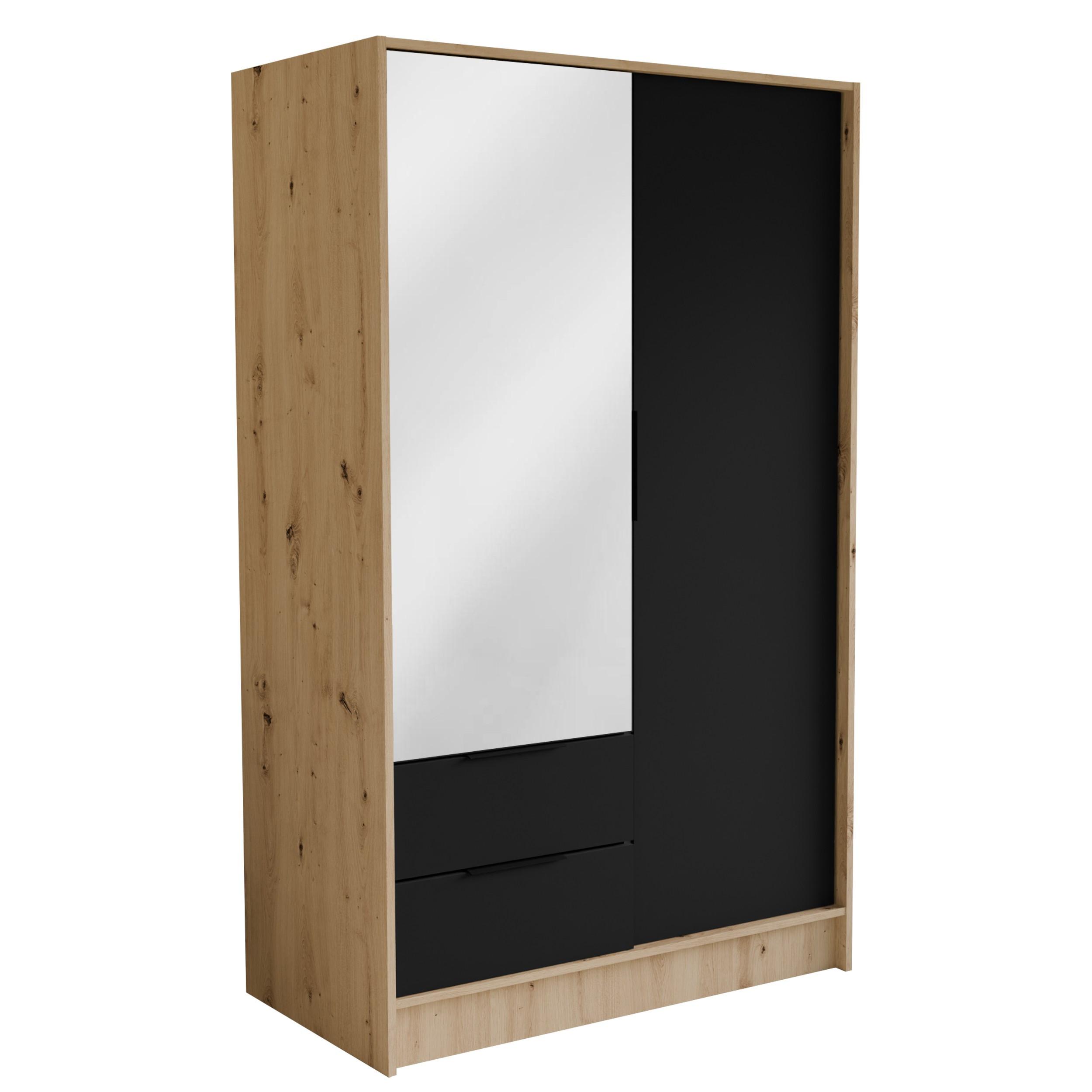 DREHTÜRENSCHRANK CAVA 102/200/51 cm Modern Kleiderschrank 2-türig mit Spiegel Eiche Artisan - Schwarz/Eiche Artisan, Holzwerkstoff (102/200/51cm) - MASSENO