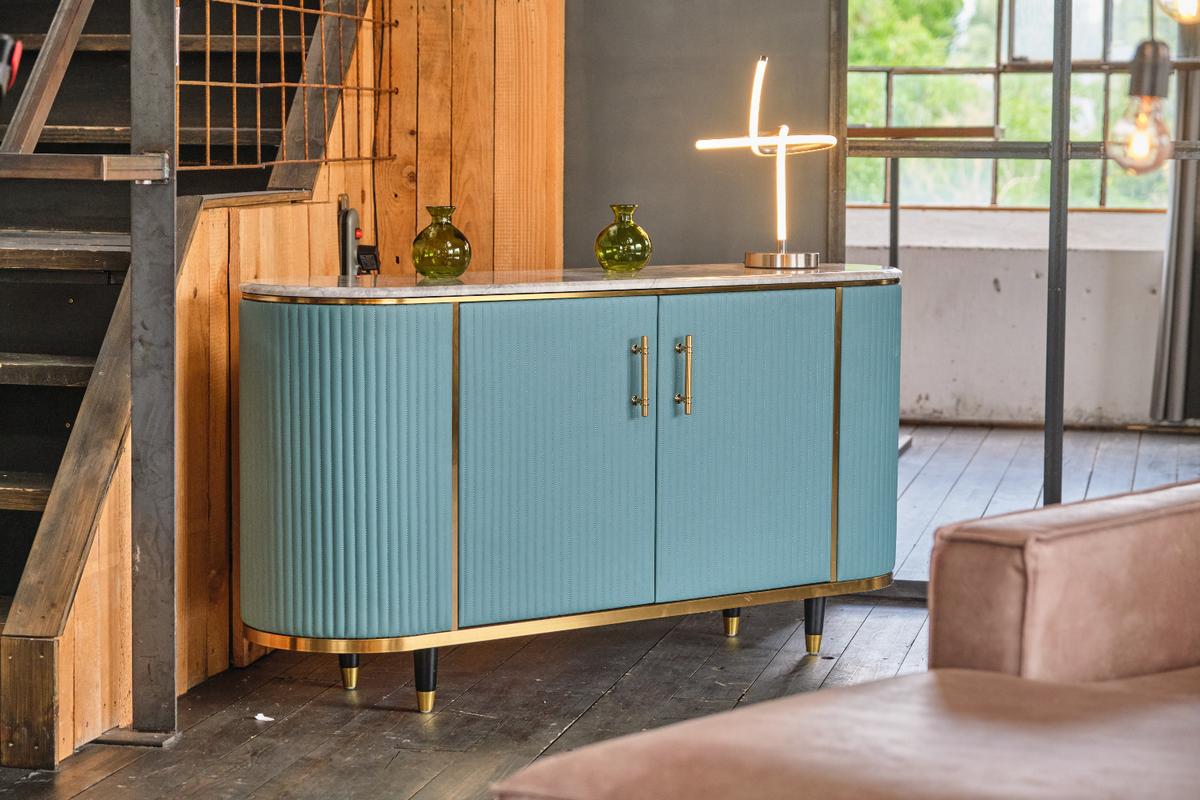 SIDEBOARD MARIA Hellblau Marmor, Kunstleder - Schwarz/Hellblau, Stein/Metall (150/76/40cm) - KAWOLA