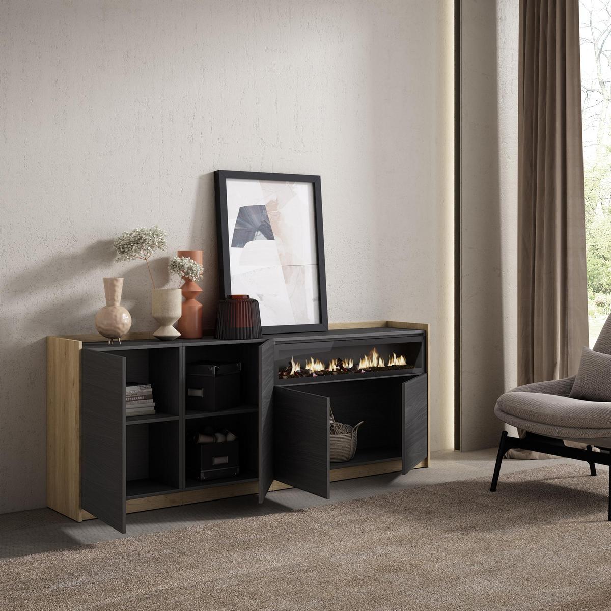 SIDEBOARD, Highboard, Schwarz Eiche, Elektrokamin, 207/37/80cm - Schwarz, Holzwerkstoff (207/80/37cm) - Skraut Home