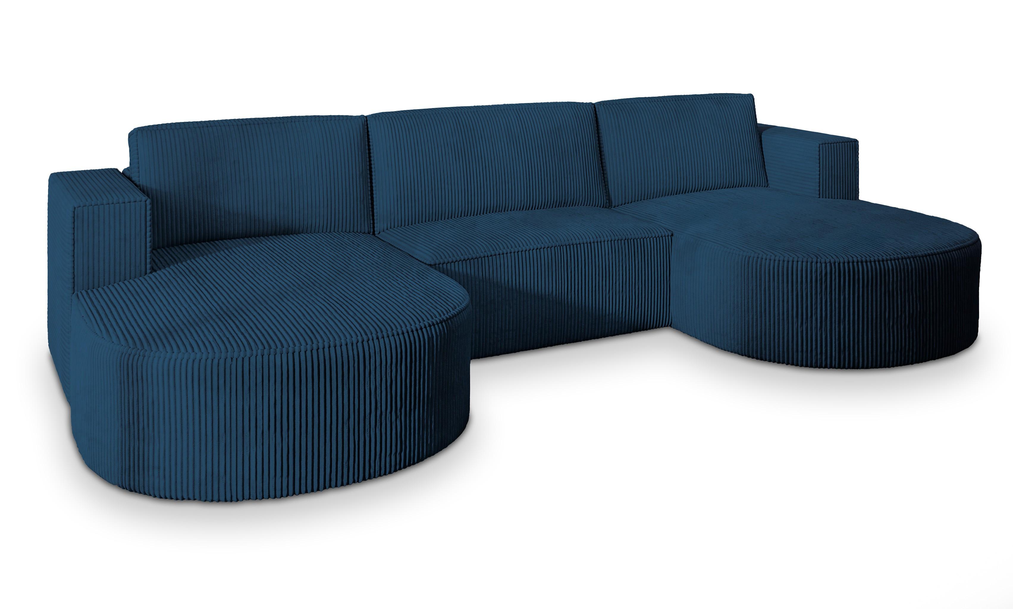 WOHNLANDSCHAFT VEZZO P Blau Kordstoff mit Schlaffunktion - Blau/Grau, Holz/Kunststoff (347/85/174cm) - MASSENO