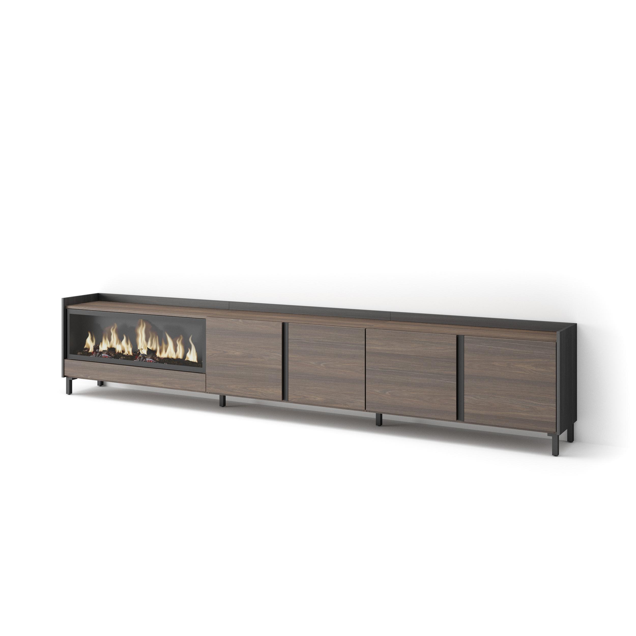 LOWBOARD, Eiche und Schwarz, 315/35/61cm, Kamin mit Feuereffekt XXL - Dunkelbraun, Holzwerkstoff (315/61/35cm) - Skraut Home