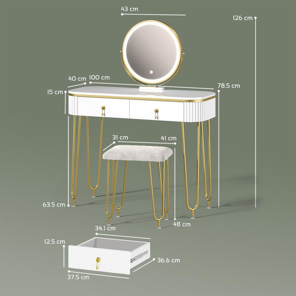 SCHMINKTISCH Isonca Weiß Hochglanz mit LED Beleuchtung und Hocker - Weiß Hochglanz, Holzwerkstoff (100/126/40cm) - Livinity®