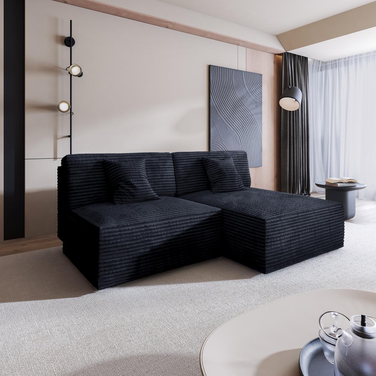 ECKSOFA FIORO Schwarz Kordstoff mit Schlaffunktion - Schwarz, Holz (204/148cm) - MASSENO