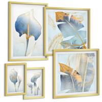 BILDER SET 5er Set - 50x50 cm & 20x30 cm & 40x60 cm Goldrahmen - Blaue Blumen im Hintergrund - Goldfarben, Kunststoff (40/60cm) - TULUP
