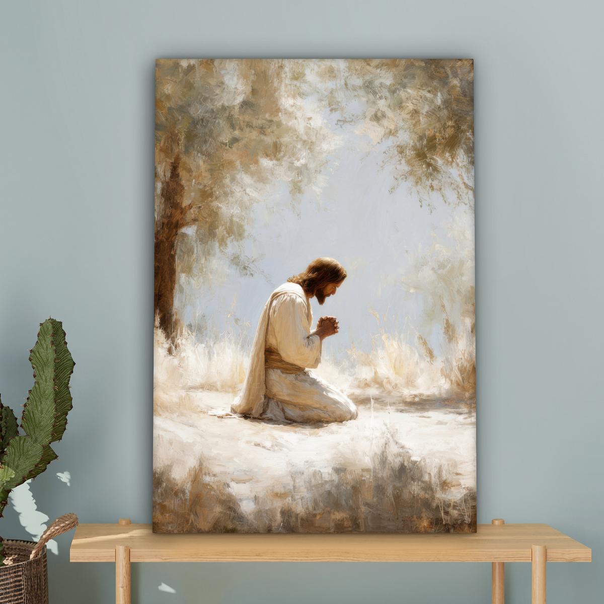 LEINWANDBILD Jesus - Kniend - Waldlandschaft - Betend Wanddeko 40x60 cm - Beige/Hellblau, Textil (40/60cm) - MuchoWow