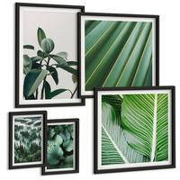BILDER SET 5er Set - 50x50 cm & 20x30 cm & 40x60 cm Schwarzer Rahmen - Tropische Blätter in Grün - Schwarz, Kunststoff (40/60cm) - TULUP