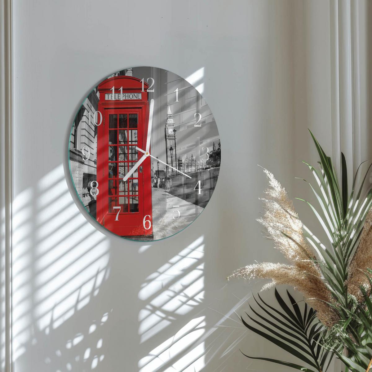 WANDUHR aus Glas Ø30 cm - Rote Telefonzelle - Rot, Glas (30/30/0.4cm) - TULUP
