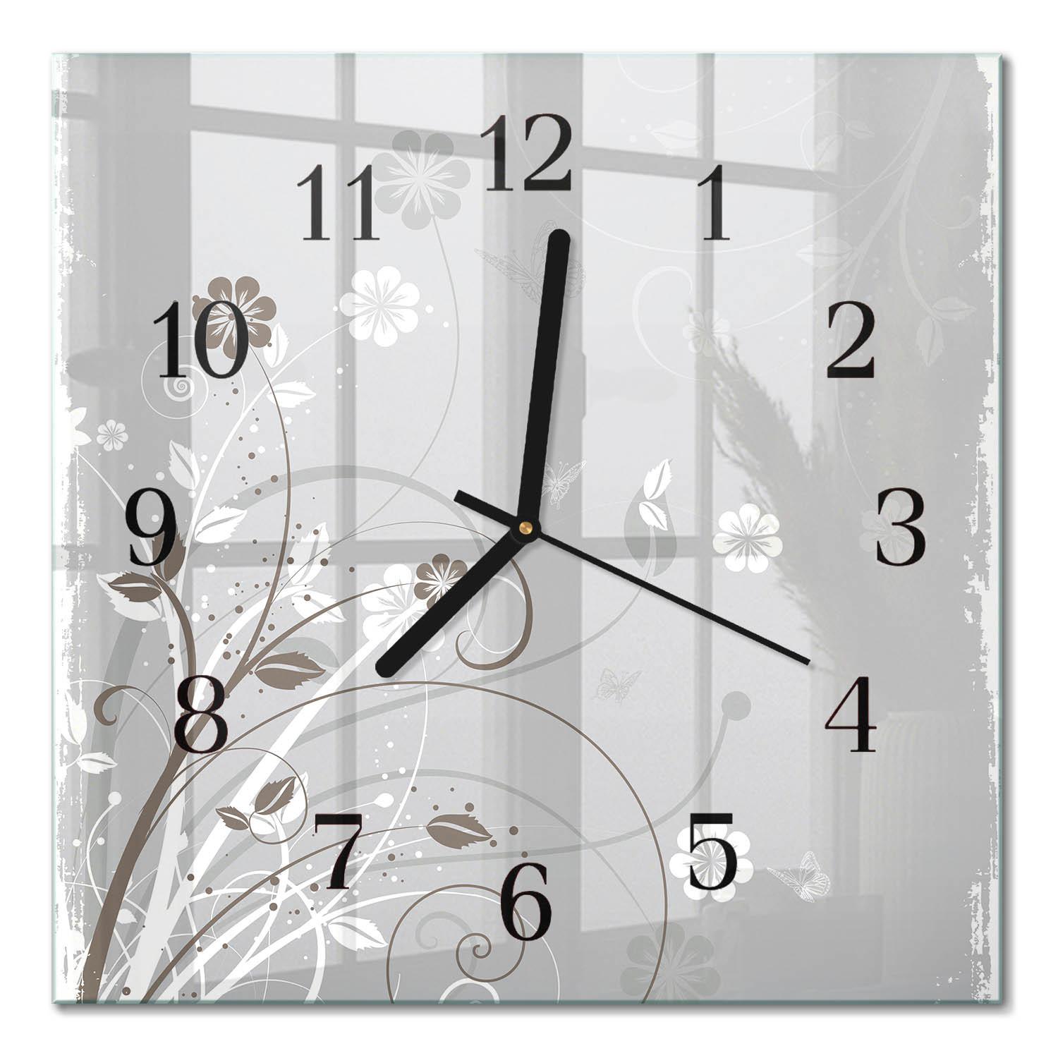 WANDUHR aus Glas 30x30 cm - Blumen - Grau, Glas (30/30/0.4cm) - TULUP
