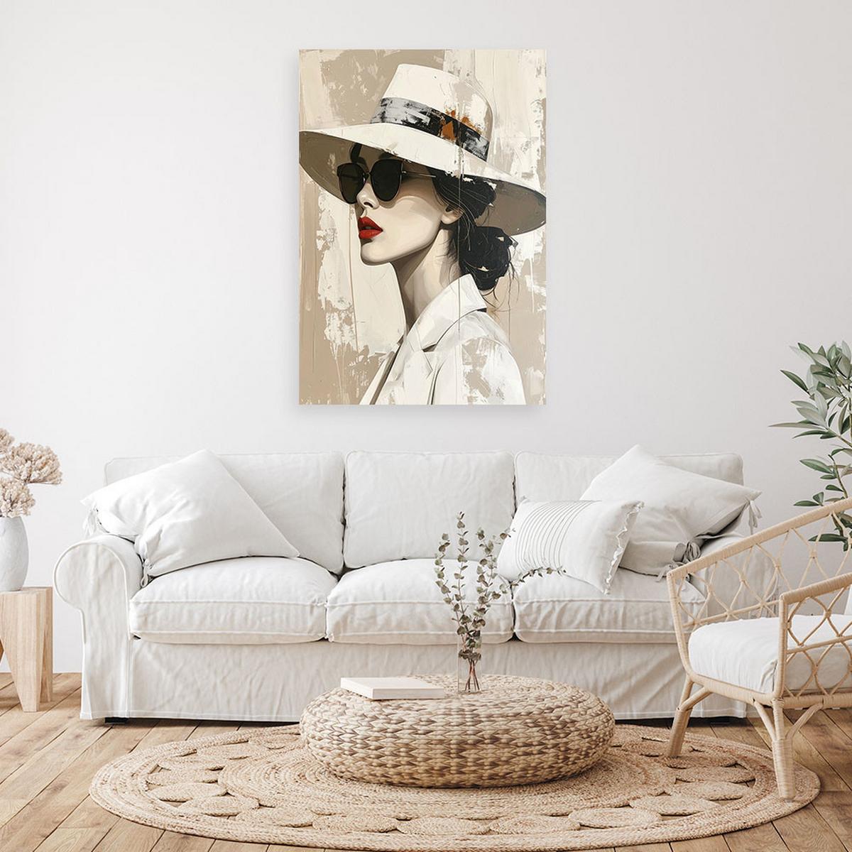 WANDBILD, Elegante Frau mit Hut in beiger Komposition - Weiß, Textil (60/90cm) - Feeby