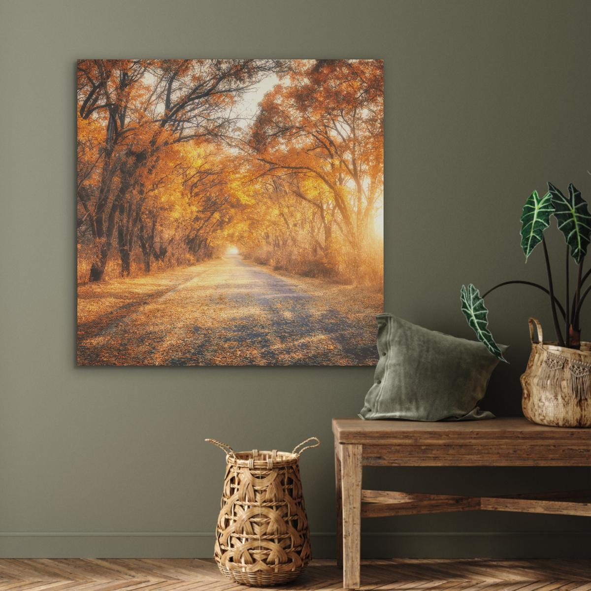 AKUSTIKBILD Wald - Herbst - Bäume - Waldweg - Natur Akustikpaneele 90x90 cm - Bernsteinfarben, Kunststoff (90/90/0.9cm) - MuchoWow