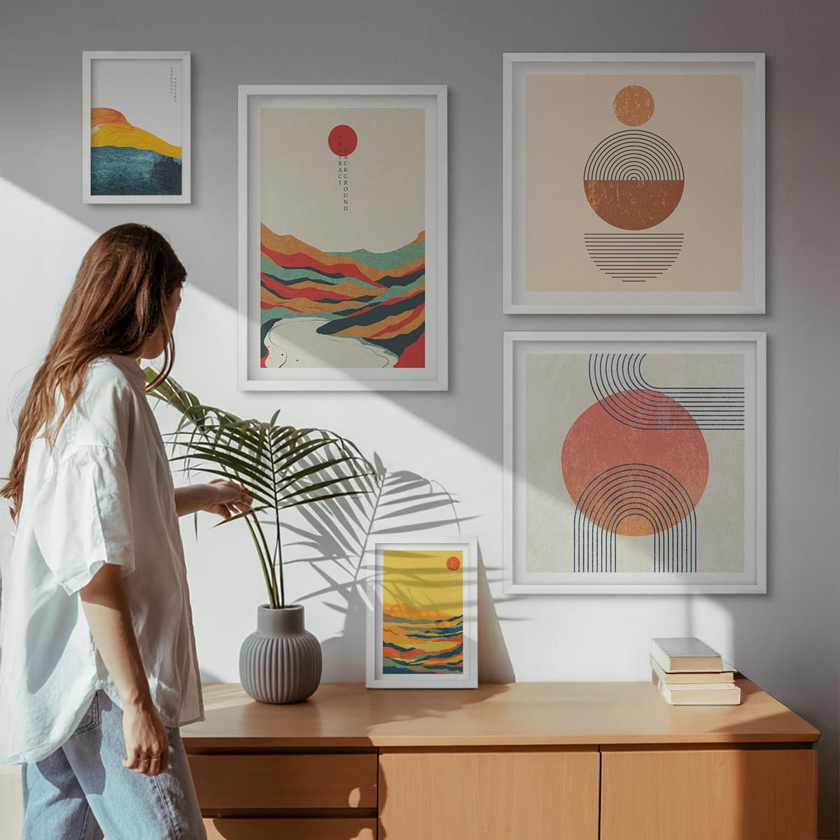 BILDER SET 5er Set - 50x50 cm & 20x30 cm & 40x60 cm Weißer Rahmen - Abstrakte Berglandschaften - Weiß, Kunststoff (40/60cm) - TULUP