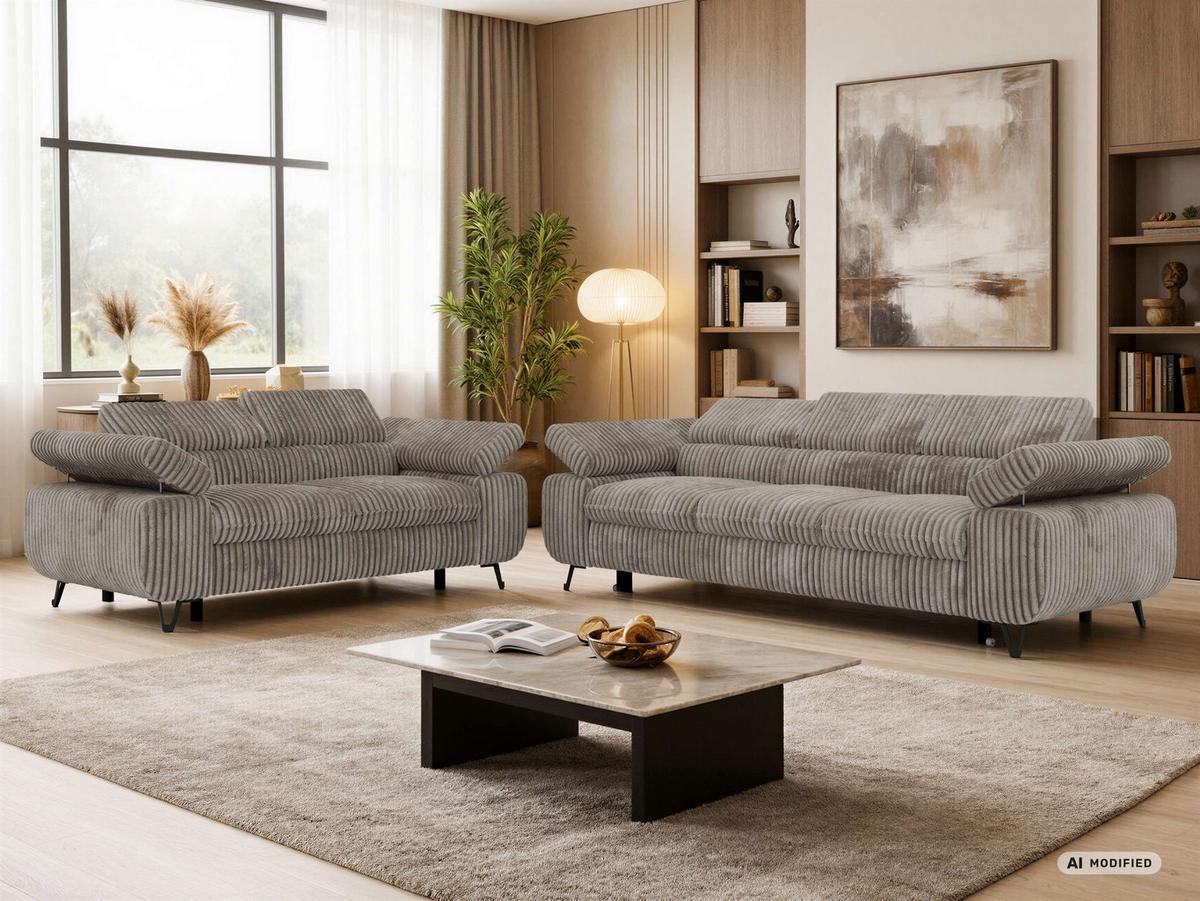 SITZGARNITUR PETERS 2+3 - Hellbraun Cord - Hellbraun/Schwarz, Textil/Metall (262/76/99cm) - MKS