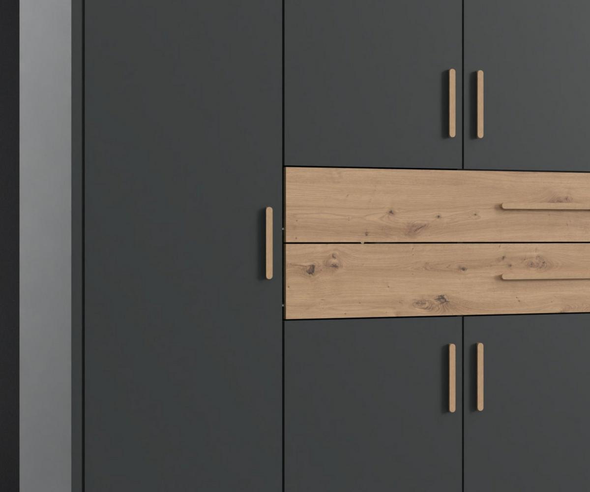 DREHTÜRENSCHRANK B273/H210/T58 cm in Grafit, Kleiderschrank mit 2 großen Schubkästen und Griffen in Eiche Artisan Dekor / 22646 - Graphitfarben/Eiche Artisan, Holzwerkstoff/Kunststoff (273/210/58cm) - luma-home