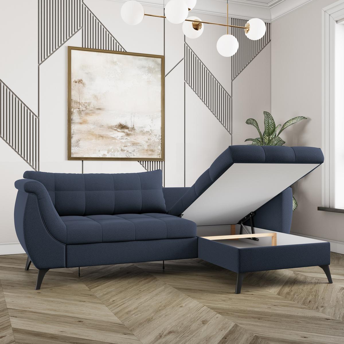 ECKSOFA MOLLIS Blau Geflochtener-Stoff mit Schlaffunktion - Blau, Holz (241/154cm) - MASSENO