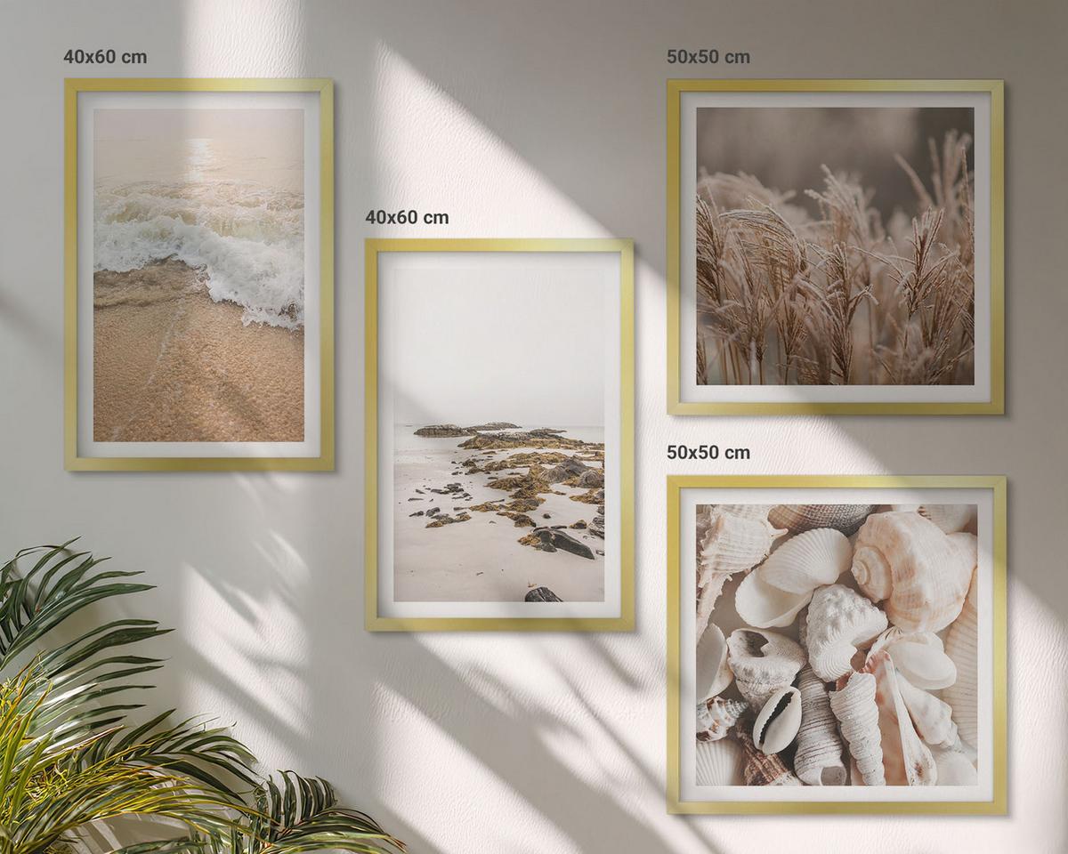 BILDER SET 4er Set - 50x50 cm & 40x60 cm Goldrahmen - Strandgras, Wellen, Steine, Boho-Stil - Goldfarben, Kunststoff (50/50cm) - TULUP