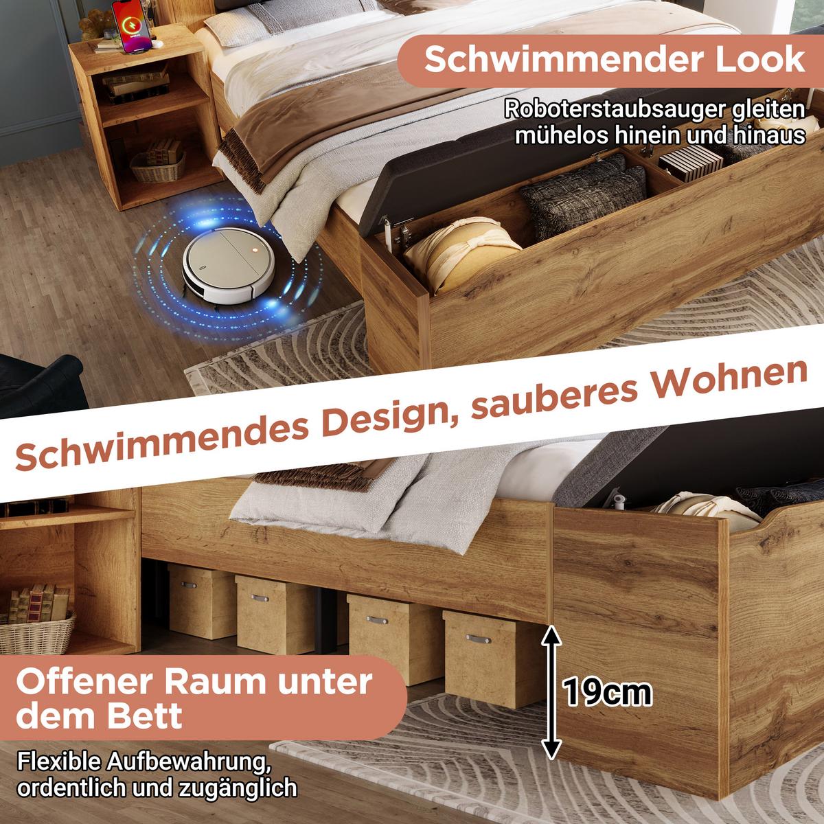 POLSTERBETT eiche-optik & leinen 160X200 mit nachttischen & bettbank - Eichefarben, Holz (160/200cm) - Urban Meuble