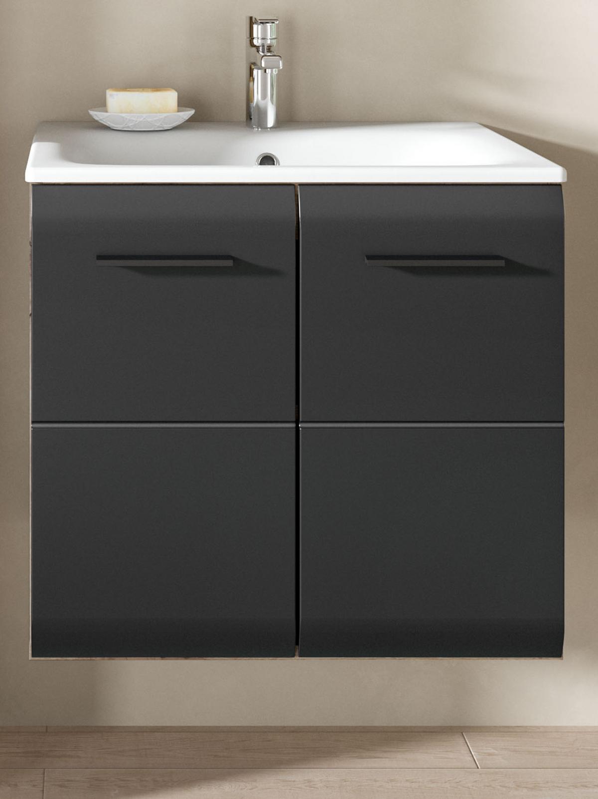 WASCHTISCH schwarz matt, Eiche Nox, Waschtischunterschrank hängend 60 cm mit Waschbecken - Eichefarben/Schwarz, Keramik/Holzwerkstoff (60/55/46cm) - Inn.Furn