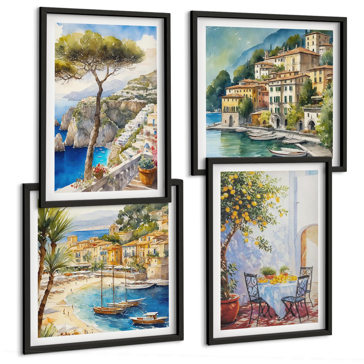 BILDER SET 4er Set - 50x50 cm & 40x60 cm Schwarzer Rahmen - Italienische Städte (Aquarell) - Schwarz, Kunststoff (50/50cm) - TULUP