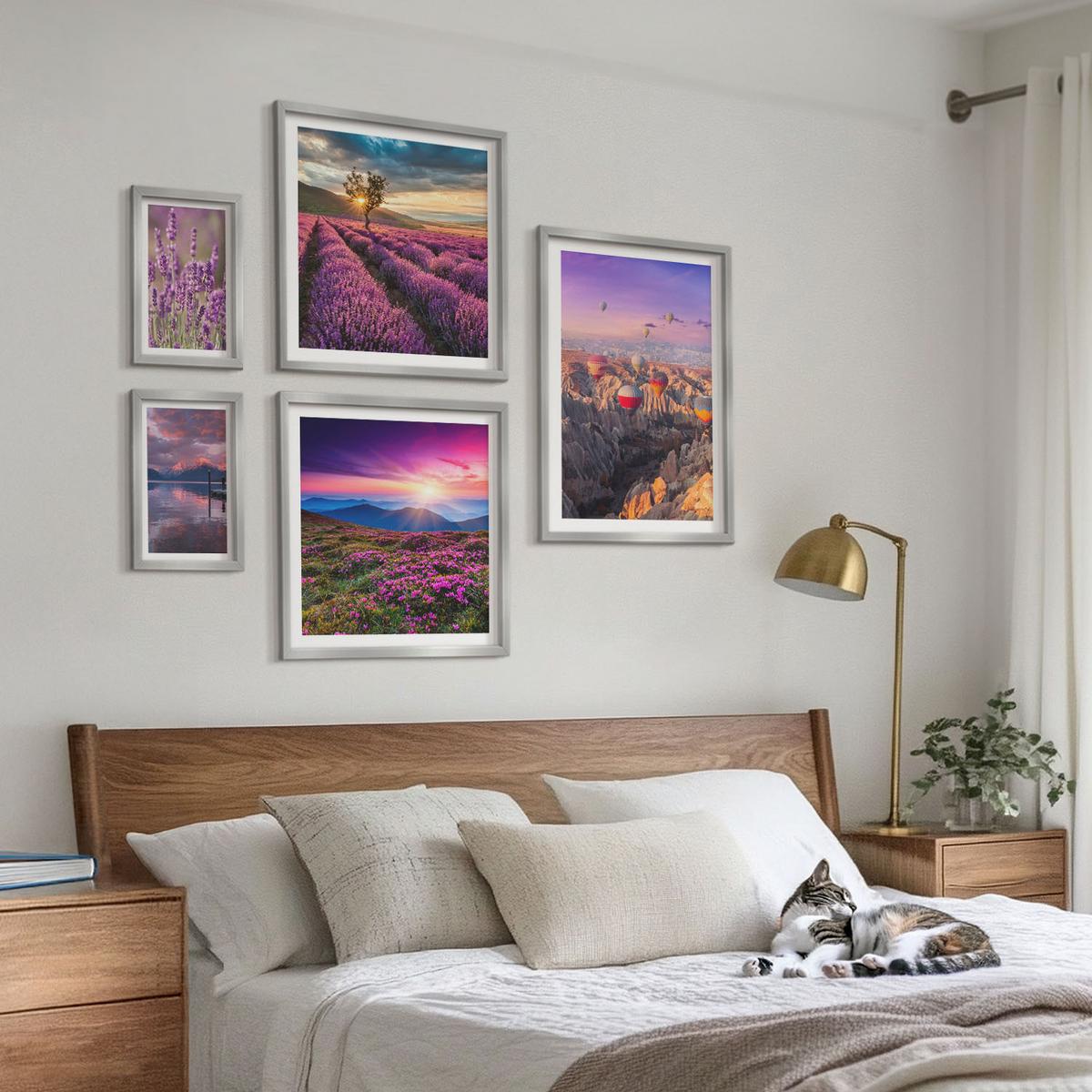 BILDER SET 5er Set - 50x50 cm & 20x30 cm & 40x60 cm Silberner Rahmen - Sonnenuntergang auf Lavendelfeldern - Silberfarben, Kunststoff (40/60cm) - TULUP