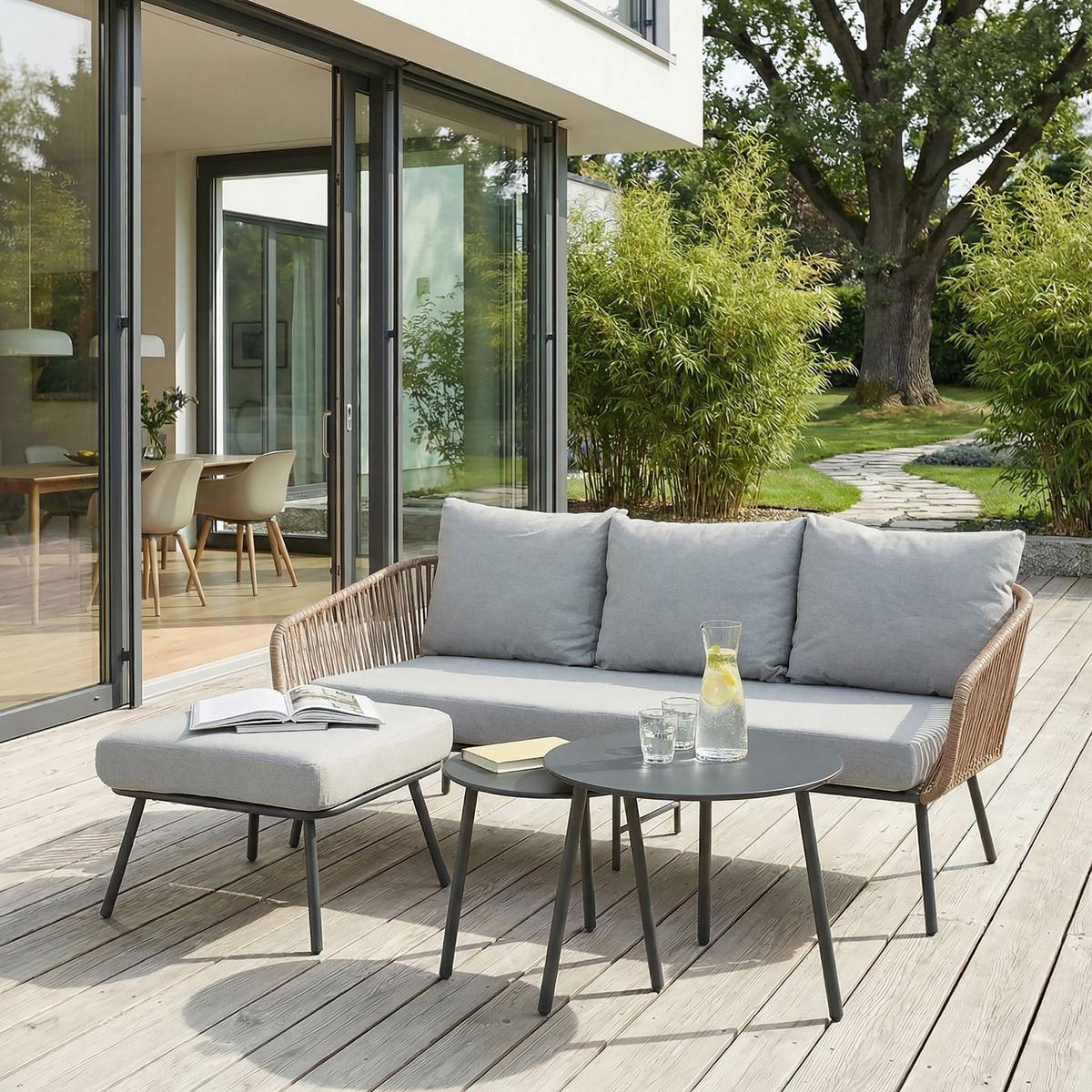 GARTENLOUNGE MYKONOS 4er Set braun, schwarz, hellgrau - Braun/Grau, Metall - IDIMEX