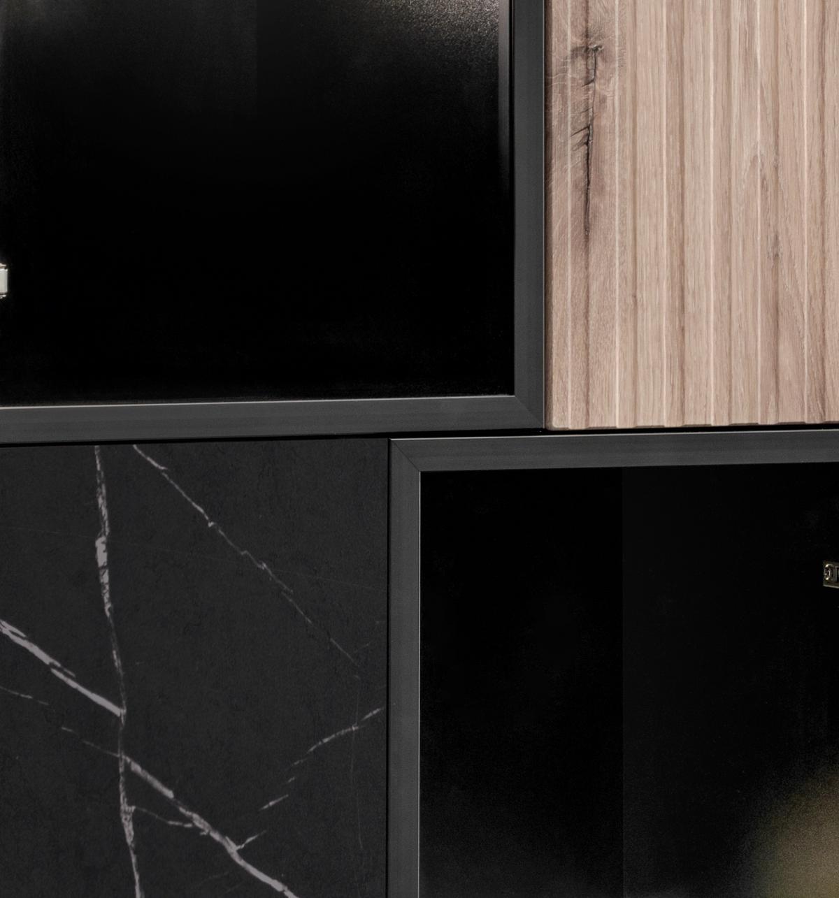 VITRINE schwarz, Vicking Eiche und Marmor schwarz 60 x 122 cm, Vitrinenschrank inklusive LED-Beleuchtung - Eichefarben/Schwarz, Glas/Holzwerkstoff (60/122/37cm) - Inn.Furn