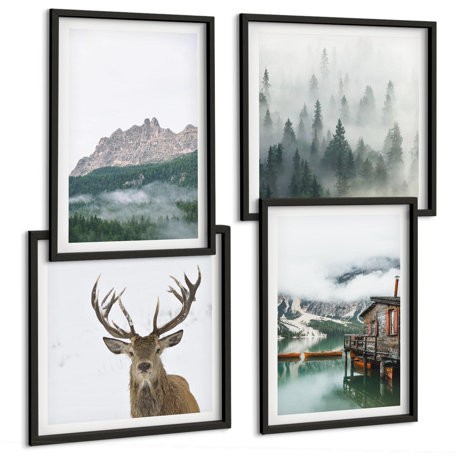BILDER SET 4er Set - 50x50 cm & 40x60 cm Schwarzer Rahmen - Berge, See, Hirsche, Hütte, Nebel - Schwarz, Kunststoff (50/50cm) - TULUP