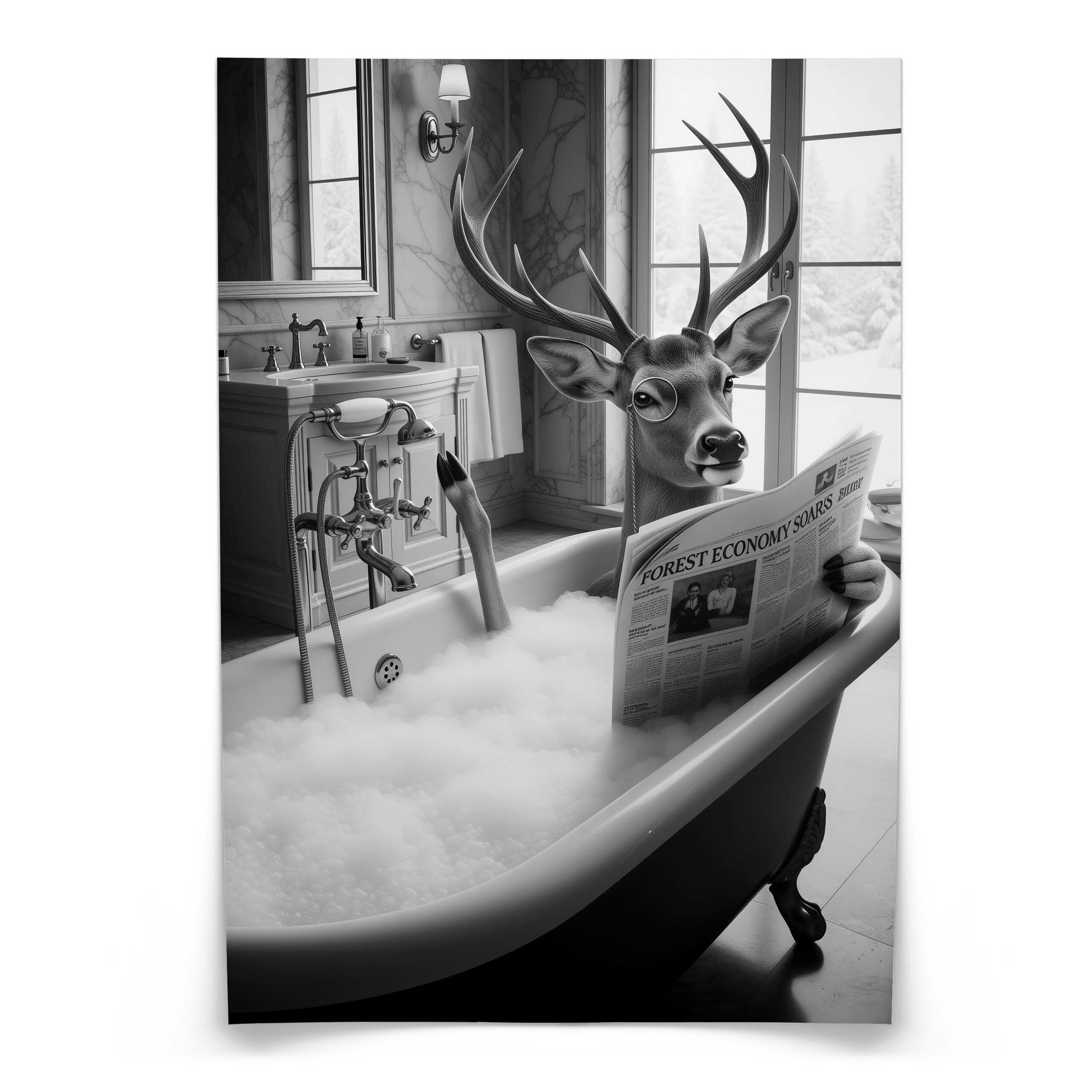 POSTER für Badezimmer WC Rehe HIRSCH in Badewanne Zeitung Abstraktion 20x30cm - Schwarz/Weiß, Papier (20/30/1cm) - Muralo