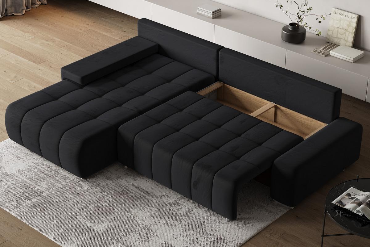 ECKSOFA ALESE L-S Schwarz Velours-Stoff mit Schlaffunktion - Silberfarben/Schwarz, Holz/Textil (265/185cm) - MASSENO