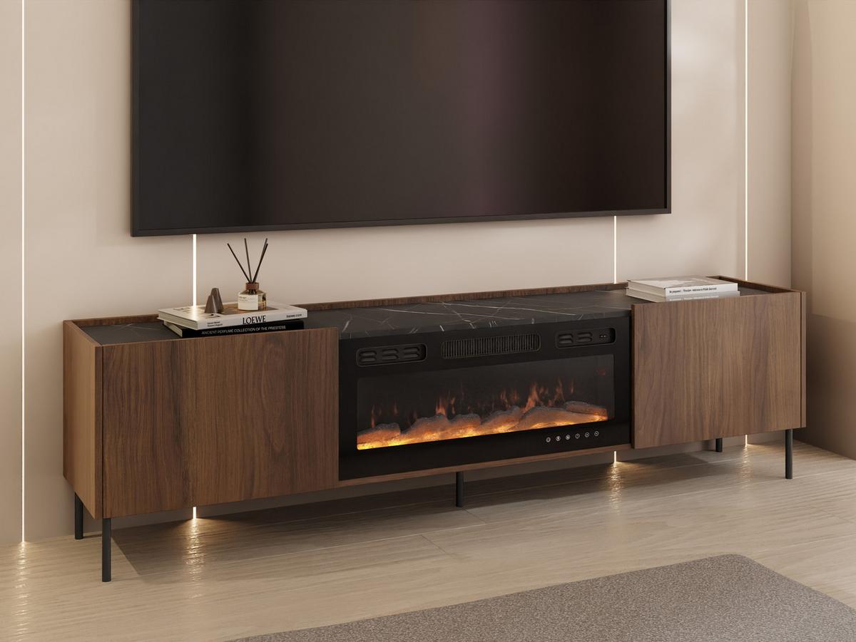 TV-LOWBOARD Tewos 200 K mit Kamin - Nussbaumfarben/Schwarz, Holzwerkstoff/Metall (200/55/37cm) - MIRJAN24