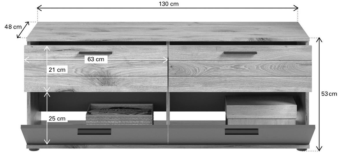 TV-UNTERTEIL Eiche, grau 130 cm, Lowboard mit Soft-Close, Wohn- und Esszimmermöbel - Eichefarben/Schwarz, Holzwerkstoff/Kunststoff (130/53/47cm) - Inn.Furn