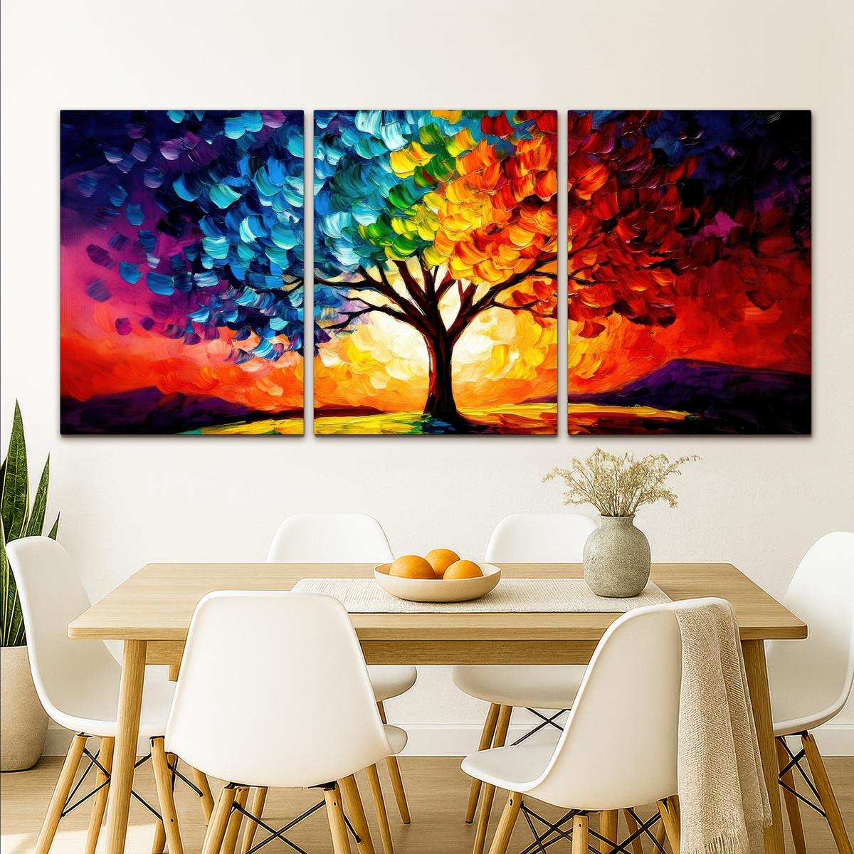 LEINWANDBILD 3er Set Baum - Farbenfroh - Malerei-Look - Abstrakt 180x80 cm - Multicolor, Textil (180/80cm) - MuchoWow