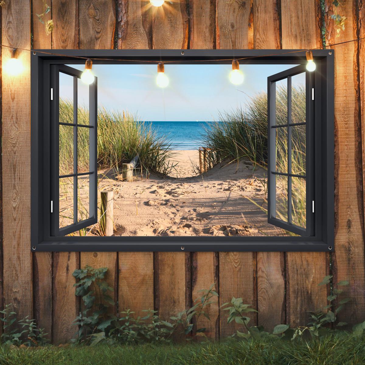 GARTENPOSTER Durchblick - Strand - Meer - Sand - Wasser - Strandhafer - Dünen Poster für draußen 180x120 cm - Sandfarben, Kunststoff (180/120/0.2cm) - OnlyWow