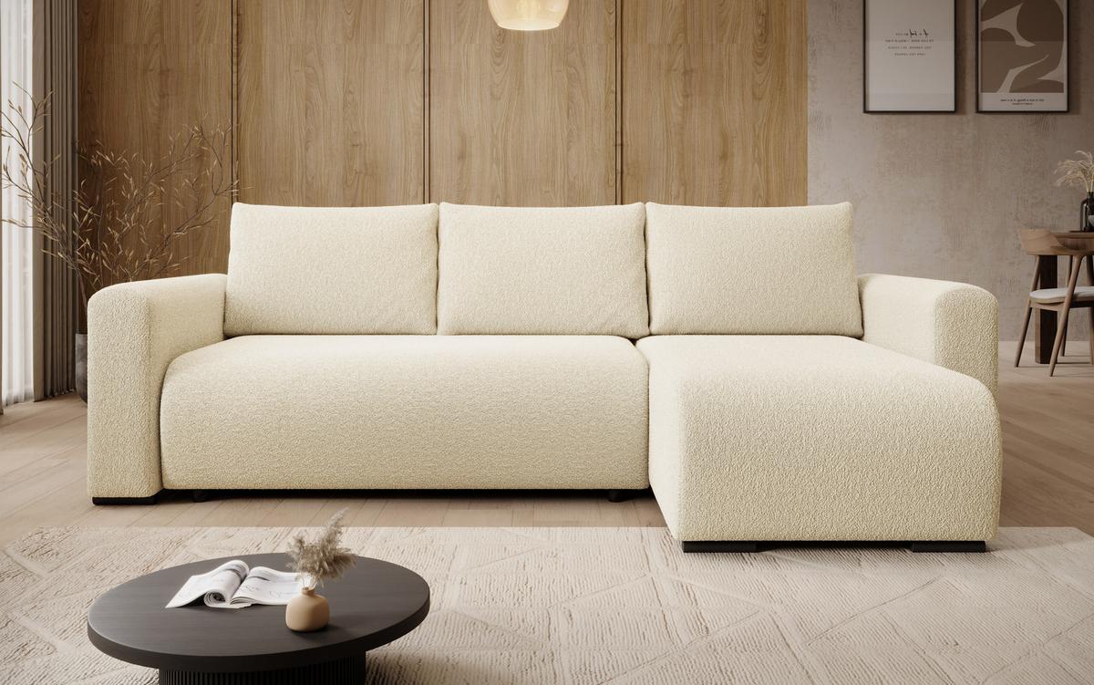 ECKSOFA DORA L, Eckcouch in L-Form mit Schlaffunktion und Bettkasten, Farbe: Beige, Bouclé-Stoff, Ottomane Rechts - Beige, Textil (240/143cm) - Storez24