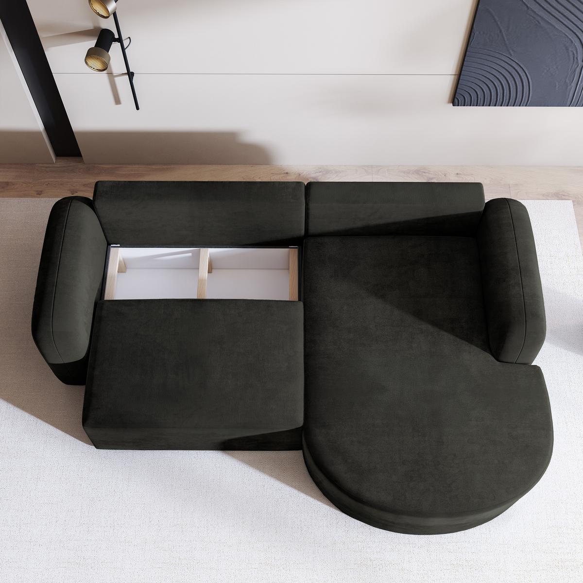 ECKSOFA AMILIA M R-S Schwarz Velours-Stoff mit Schlaffunktion - Schwarz, Holz (263/174cm) - MASSENO
