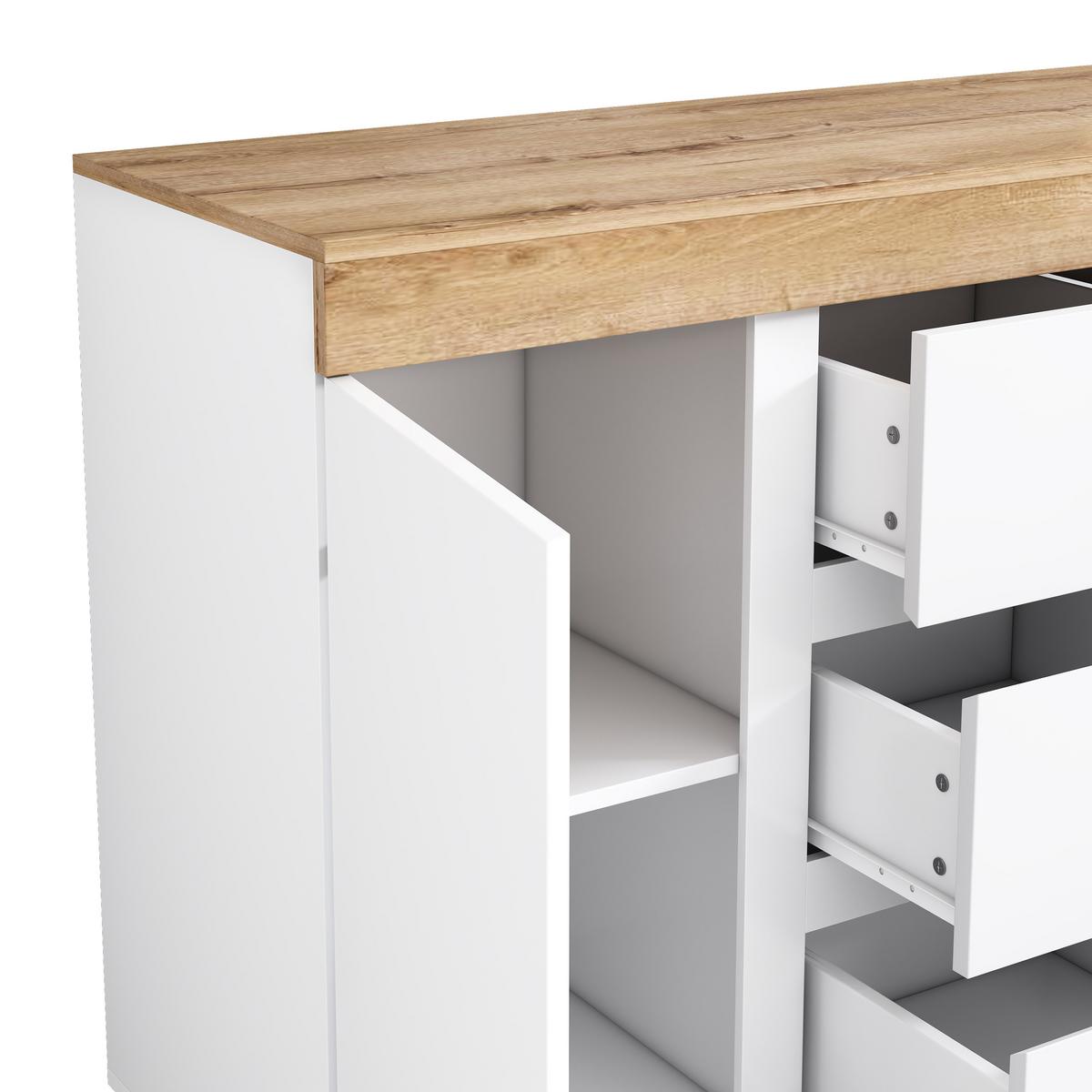 SIDEBOARD weiß eiche 120cm 3 schubladen 2 türen - Weiß, Holzwerkstoff (120.5/82.5/40cm) - Urban Meuble