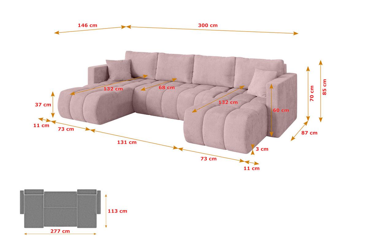 WOHNLANDSCHAFT mit Schlaffunktion und Bettkasten GARD-U 300x146x85 Rosa Cord - Schwarz/Rosa, Holzwerkstoff/Kunststoff (300/85/146cm) - ALTDECOR