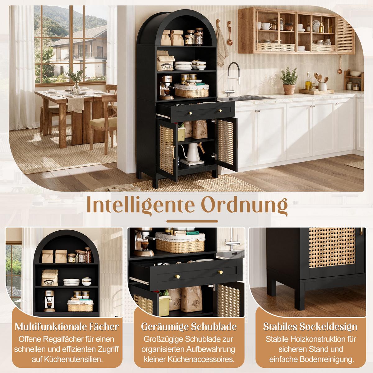 VITRINEN Gewölbt Schwarz & Natur mit Rattantüren & Schublade - Schwarz, Holzwerkstoff (70/170/40cm) - Urban Meuble
