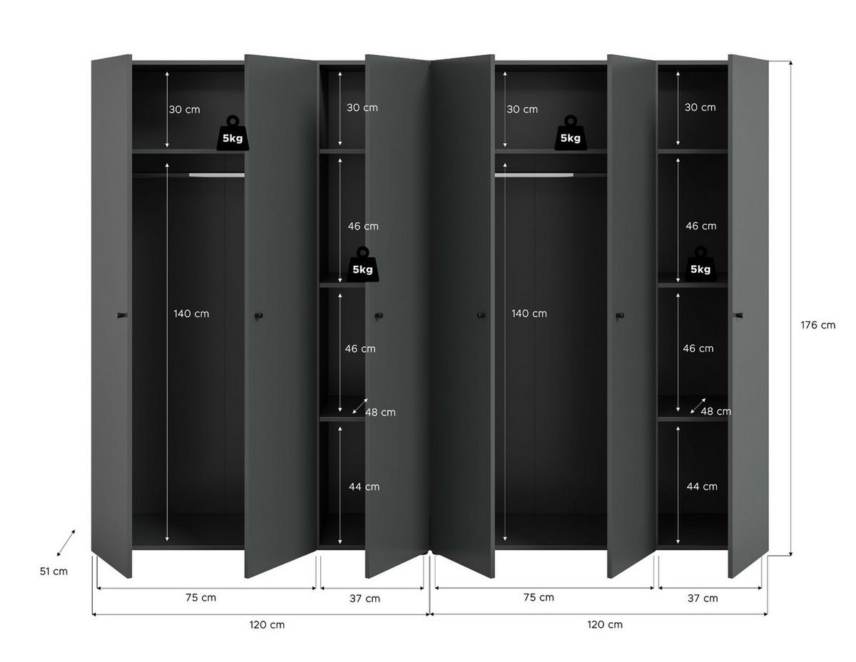 KLEIDERSCHRANK grau 6-türig 240 cm, Drehtürenschrank mit Kleiderstangen - Schwarz/Grau, Holzwerkstoff/Kunststoff (240/176/51cm) - Inn.Furn