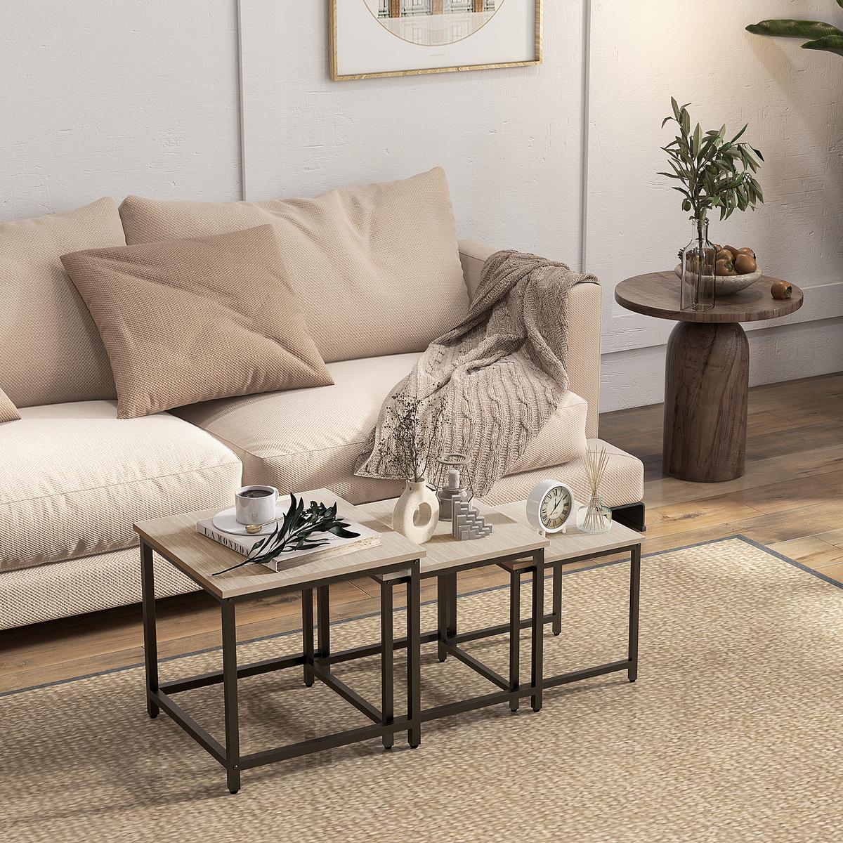 COUCHTISCH 3er-Set Beistelltisch, Satztisch, Sofatisch mit Holzoptik, Stahl - Naturfarben, Holzwerkstoff (45/45/44cm) - HOMCOM
