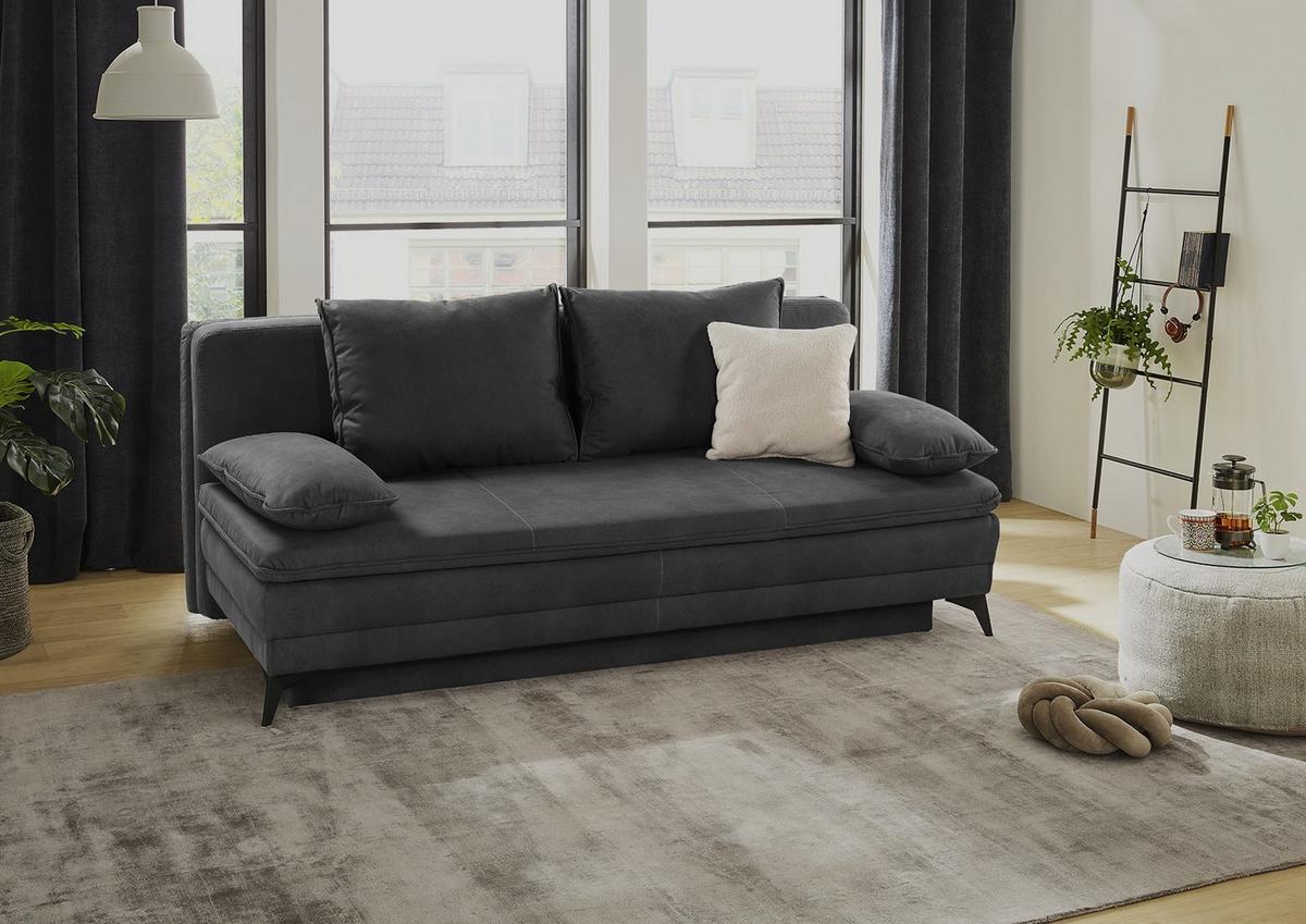 DAUER-SCHLAFSOFA Wellenunterfederung integr.Topper Bettkasten B202/T105/H90 cm, Liegefläche 158x199 cm, Mikrofaser Anthrazit / 15159 - Anthrazit/Schwarz, Textil/Metall (202/90/105cm) - luma-home
