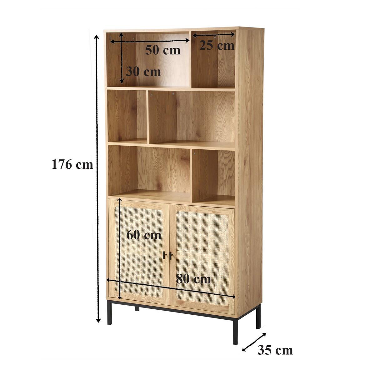 BÜCHERREGAL mit Aufbewahrung 2 Türen aus natürlichem Rattan H175cm - JAYA - Eschefarben, Holzwerkstoff (35/175/45cm) - Calicosy