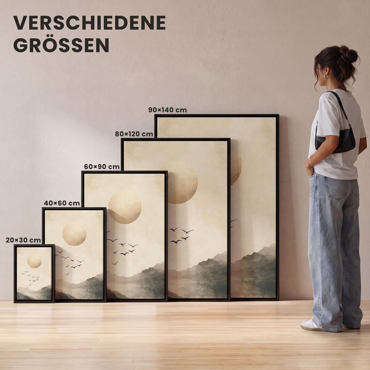 LEINWAND Bilder mit Rahmen - Landschaft - Japandi - Vogel - 80x120 - Beige, Textil (80/120cm) - MuchoWow