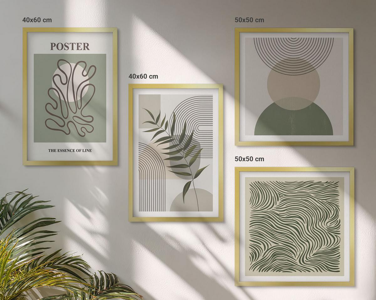 BILDER SET 4er Set - 50x50 cm & 40x60 cm Goldrahmen - Geometrische botanische Muster - Goldfarben, Kunststoff (50/50cm) - TULUP