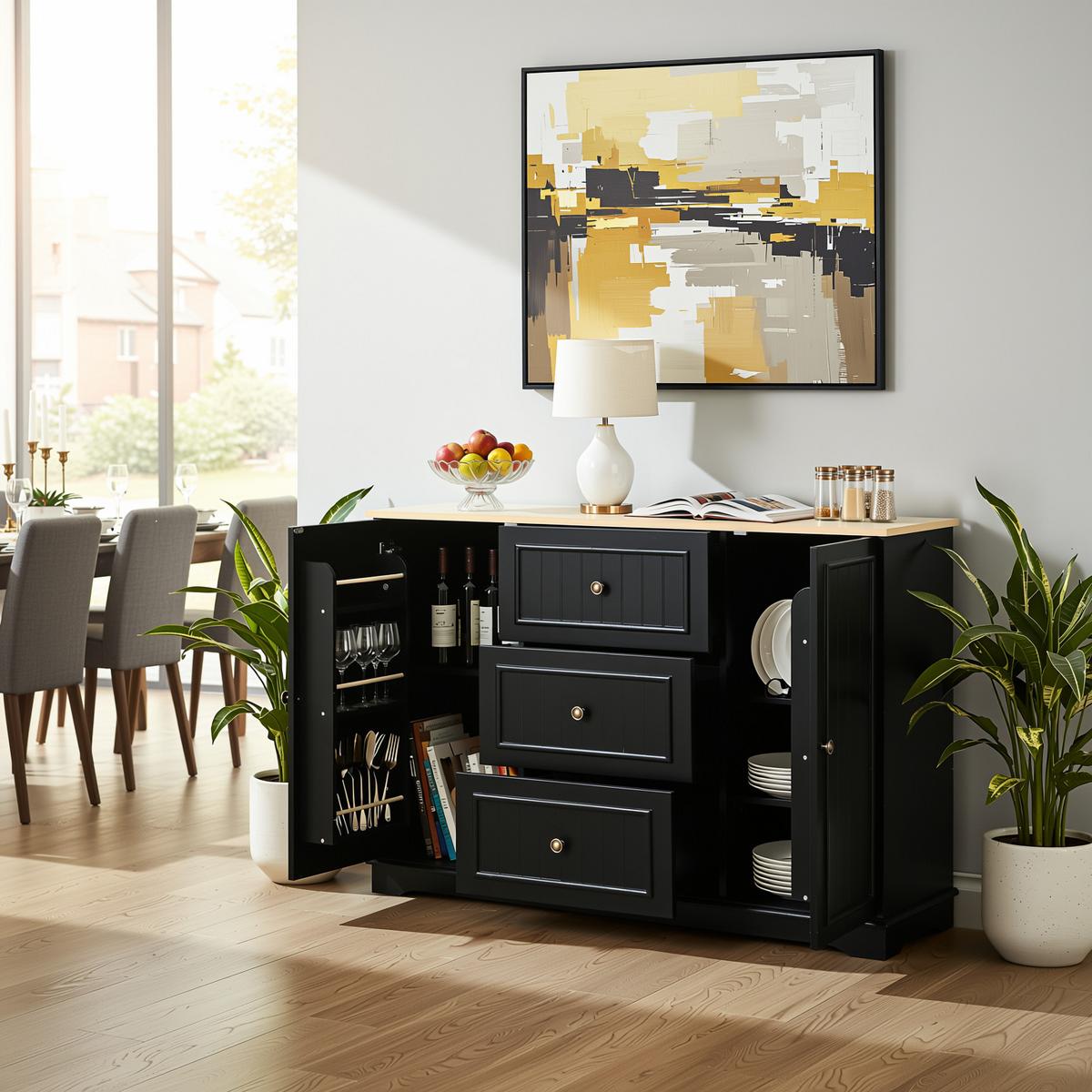 SIDEBOARD mit 3 schubladen & kühlschrank-türen - Schwarz, Holzwerkstoff (126/86/40cm) - Urban Meuble