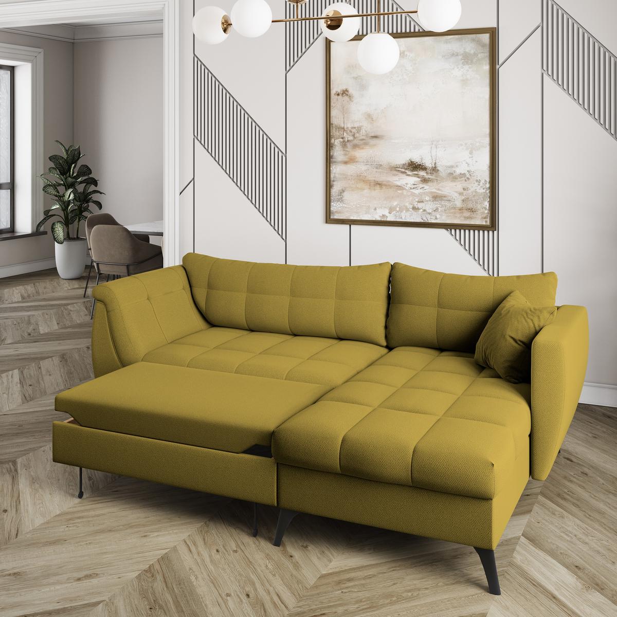 ECKSOFA MOLLIS Gelb Geflochtener-Stoff mit Schlaffunktion - Gelb, Holz (241/154cm) - MASSENO