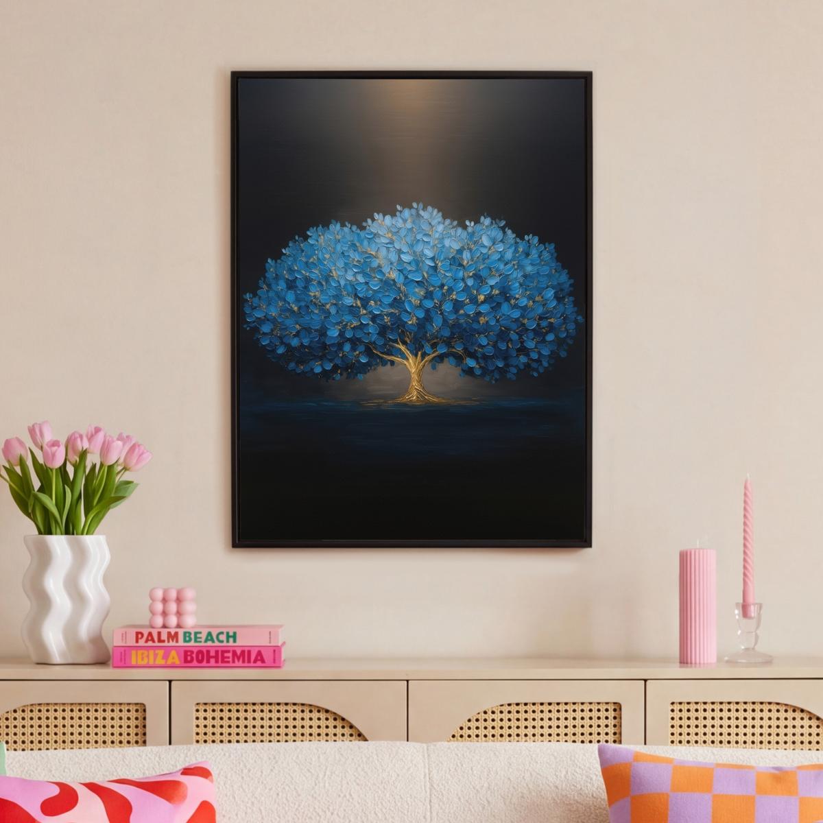 LEINWAND Bilder mit Rahmen - Baum - Blau - Blätter - Pinselstriche - 70x100 - Blau, Textil (70/100cm) - MuchoWow